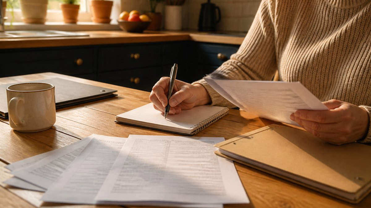 A person sitting at a kitchen table reviewing paperwork and a notebook with a pen, appearing focused and organised, with natural light from a window