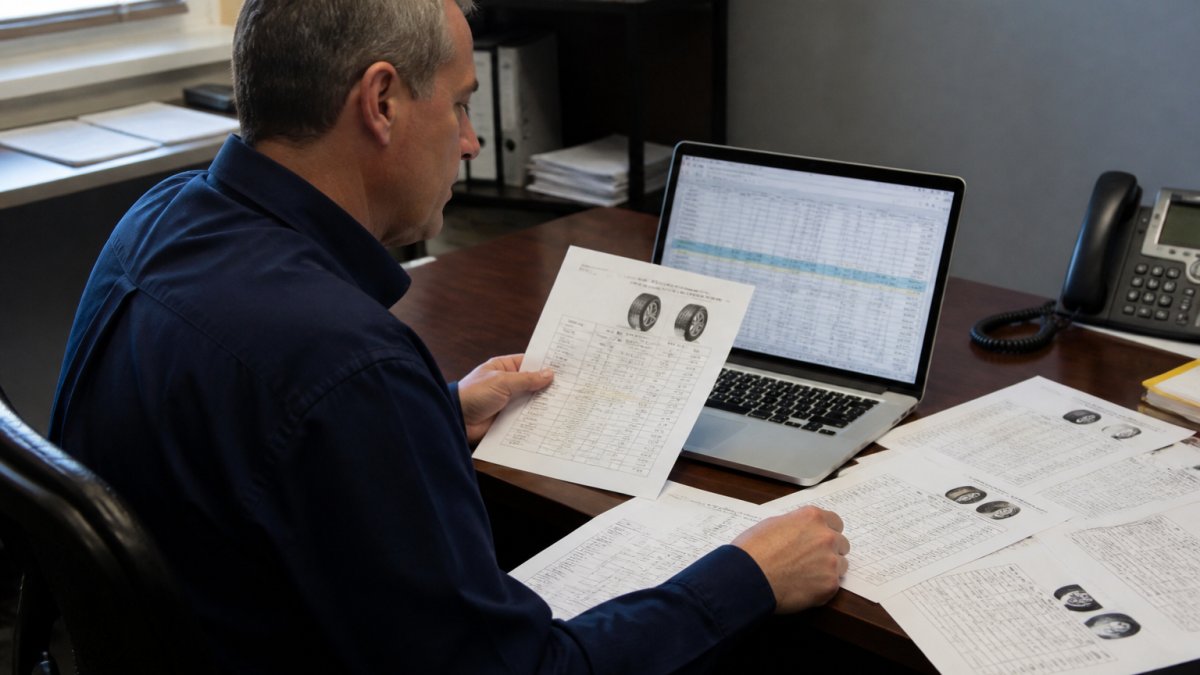 Fleet manager comparing quotes to secure competitive pricing tires wheels using a spreadsheet process.