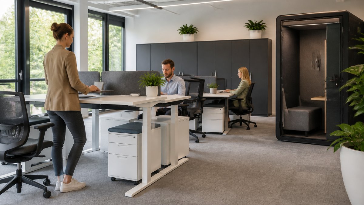 Modern open-plan office with employees working at sit-stand desks, filing cabinets in background, acoustic booth visible, natural lighting from windows, professional workspace setup