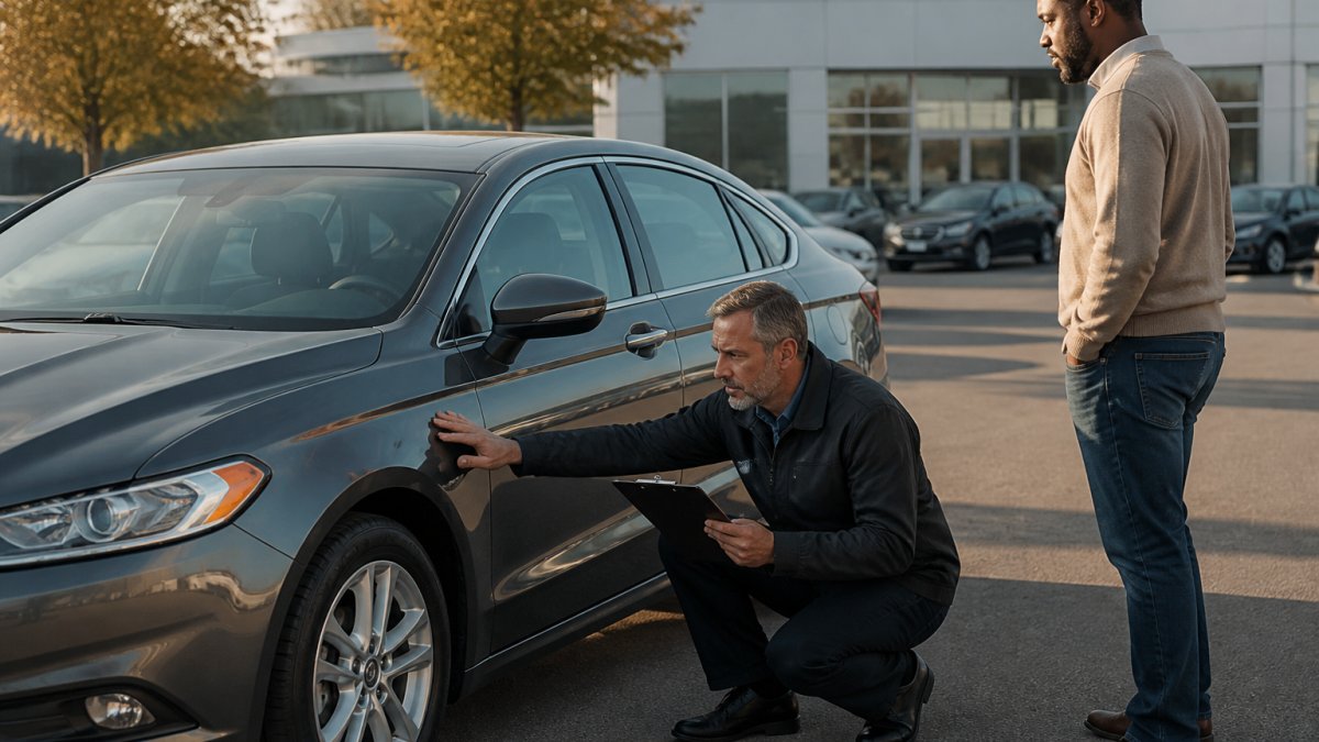A professional appraiser in a dealership lot inspecting the exterior of a used sedan with a clipboard, while the vehicle owner stands nearby in soft afternoon light