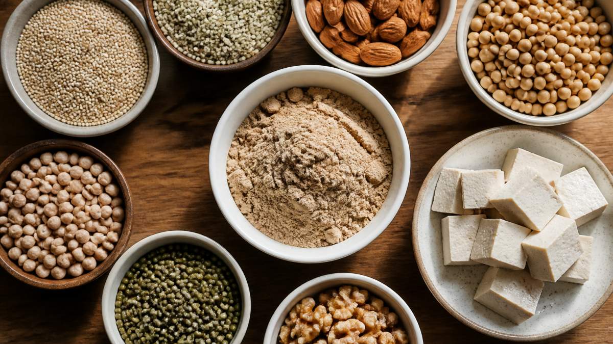Overhead flat lay of chocho powder in a white bowl surrounded by fresh plant-based protein sources including quinoa, hemp seeds, tofu, legumes, and nuts arranged on a wooden surface with natural morning light
