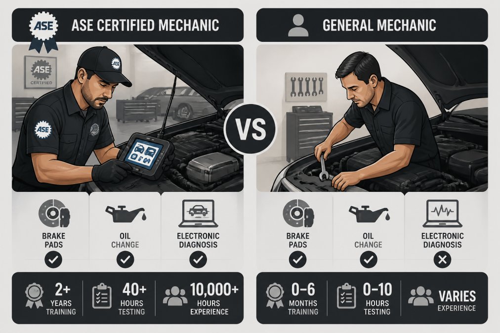 ASE-certified mechanic in professional uniform examining vehicle engine with diagnostic scanner and specialized tools, showing focused expertise in modern automotive diagnostics
