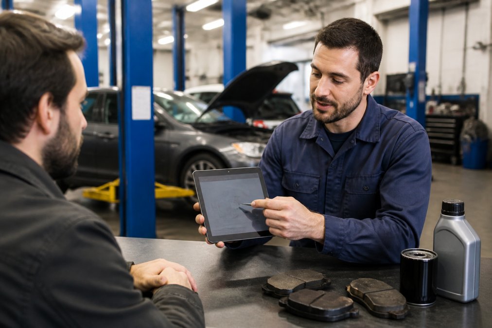 Mechanic presenting detailed repair estimate and diagnostic report to customer on tablet, discussing transparent pricing and work breakdown in professional setting