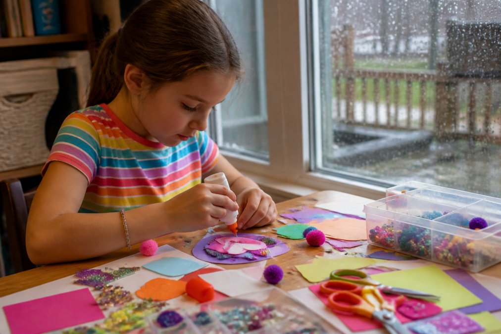 Professional illustration showing complete kids craft kits for rainy days