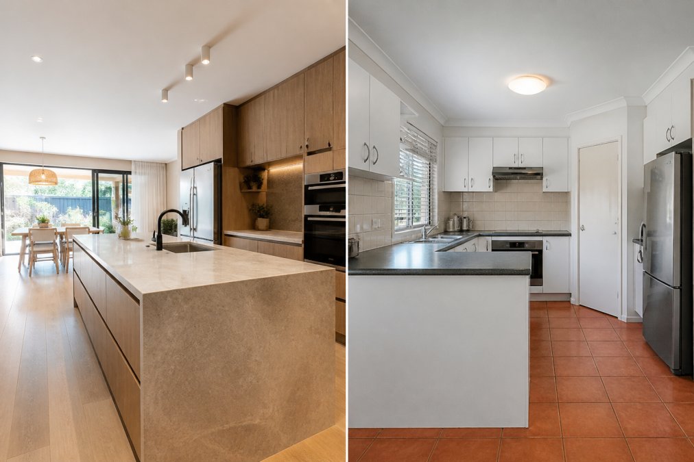 A freshly completed modern kitchen with warm timber cabinetry, a natural stone benchtop, and integrated appliances, photographed in natural daylight from a slightly elevated angle showing the full open-plan layout