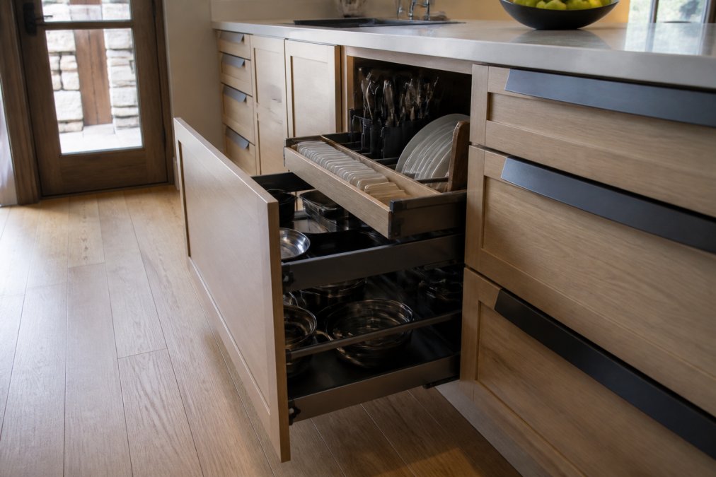 Close-up of open custom kitchen cabinetry revealing deep pull-out drawers with integrated organisers, vertical dividers, and soft-close hardware, photographed in a compact kitchen with warm overhead lighting
