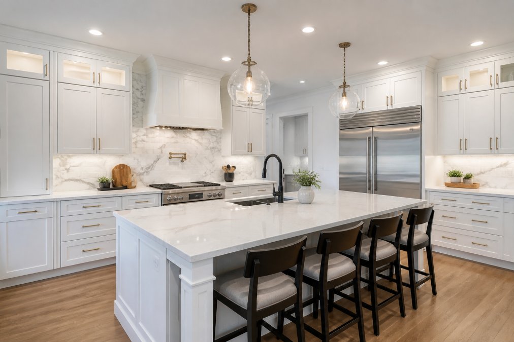 Bright modern kitchen with custom white cabinetry, large quartz island with bar seating, and a marble-look ceramic tile backsplash under recessed lighting