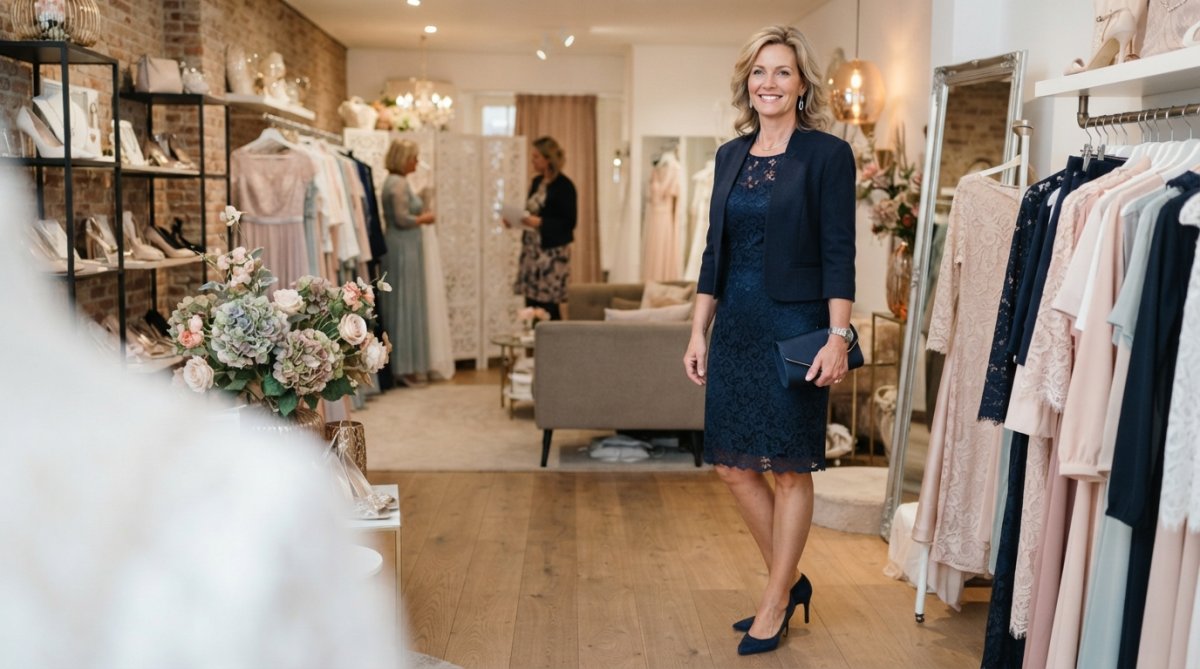 Vrouw in elegante zwarte broek met witte zijden blouse en marineblauw blazer, staande in modern kantoorinterieur met natuurlijk licht, dragende klassieke nude pumps en gouden halsketting
