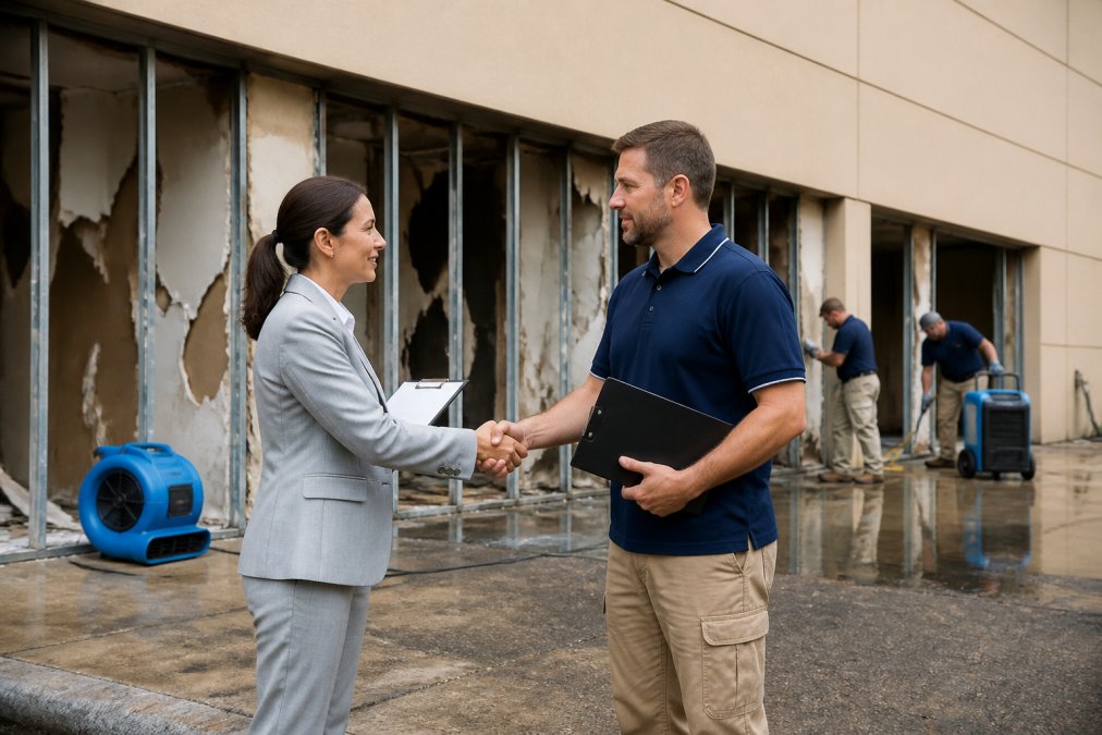 A commercial property manager in professional attire shaking hands with a restoration project lead, both holding clipboards and standing in front of a commercial building facade with a visible water damage restoration zone