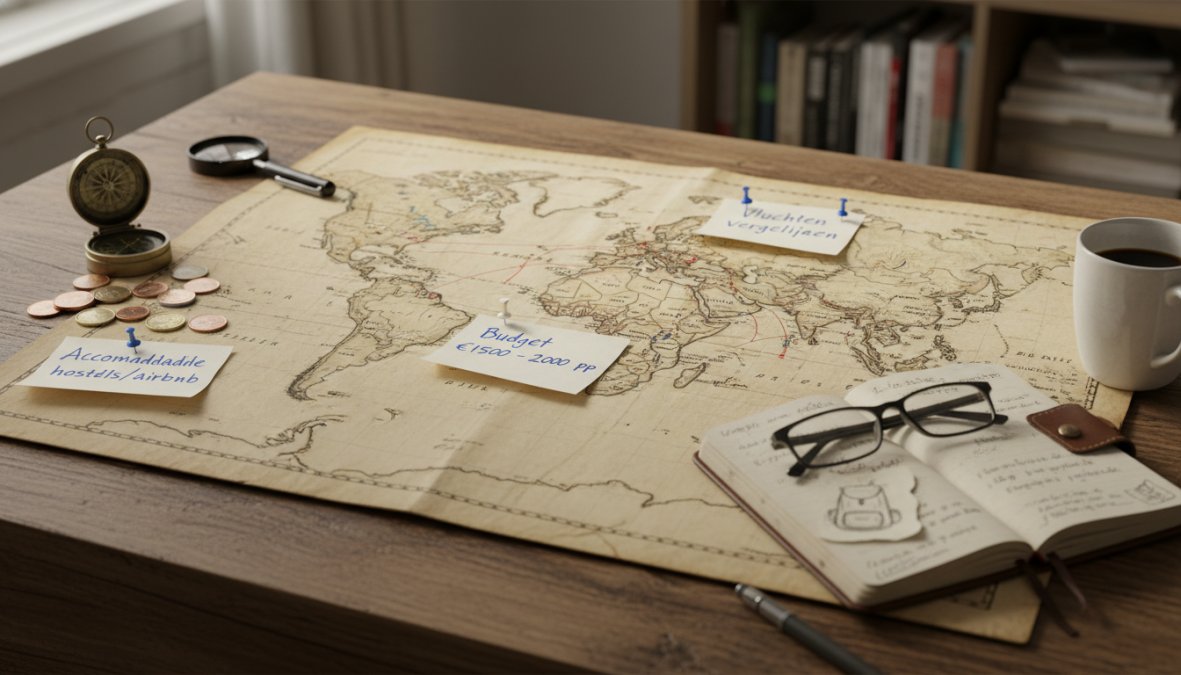 A traveler sitting at a wooden desk with a large world map spread out, a laptop open showing a travel planning website, a notebook with handwritten destination notes, and a steaming coffee cup in a cozy, warmly lit home setting