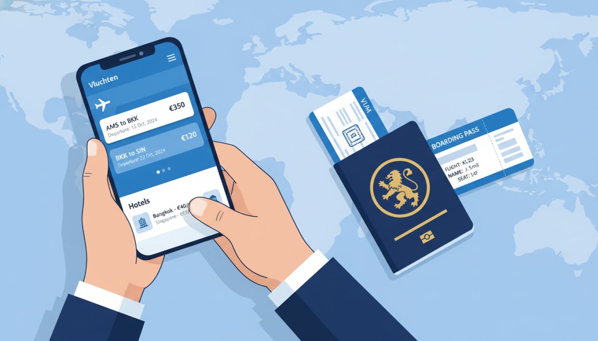 Close-up of a person holding a smartphone displaying a travel planning app with flight routes and hotel options on screen, with a passport, boarding pass, and travel notebook visible on a wooden table beside them