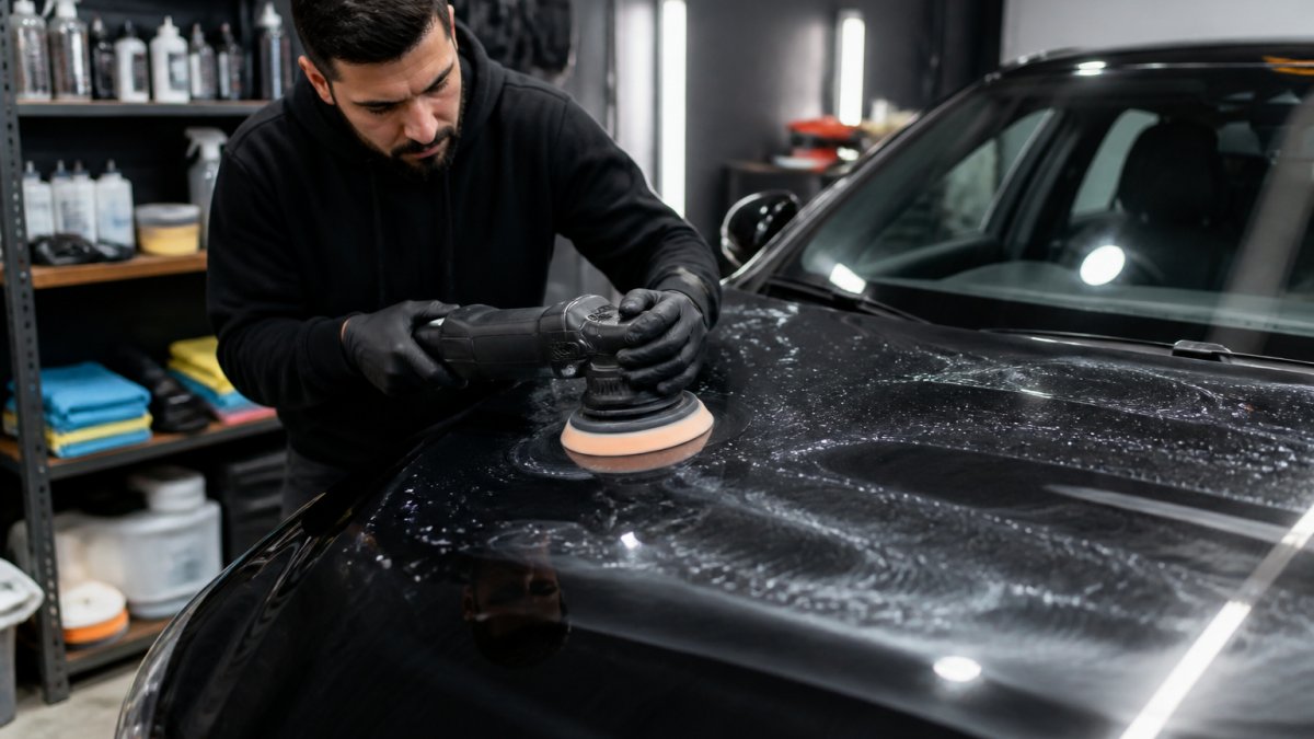 Expert gebruikt een excentrische polijstmachine met foam pad om krassen op een autolak te verwijderen.