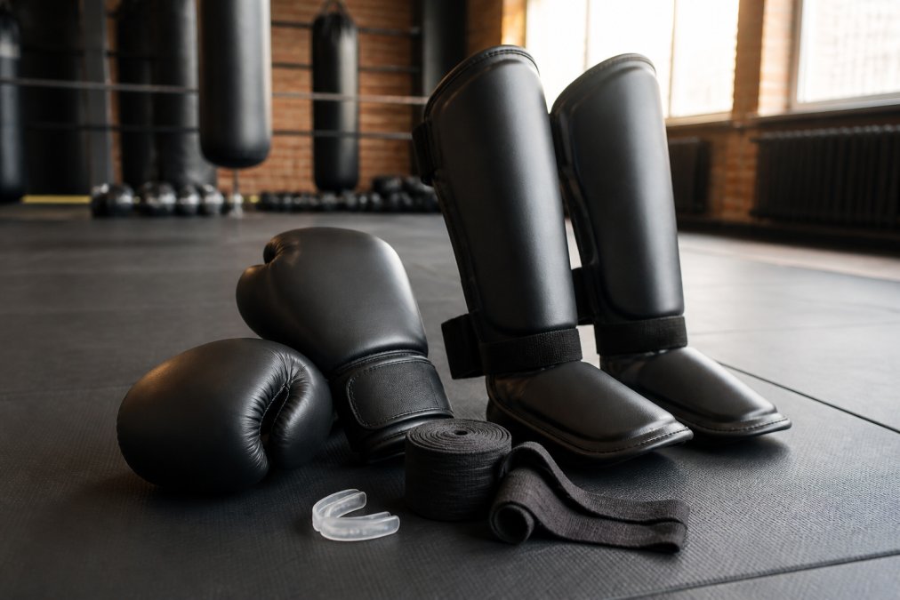 Bokshandschoenen, scheenbeschermers en bandages als complete starterset kickboksen voor volwassenen op een mat.