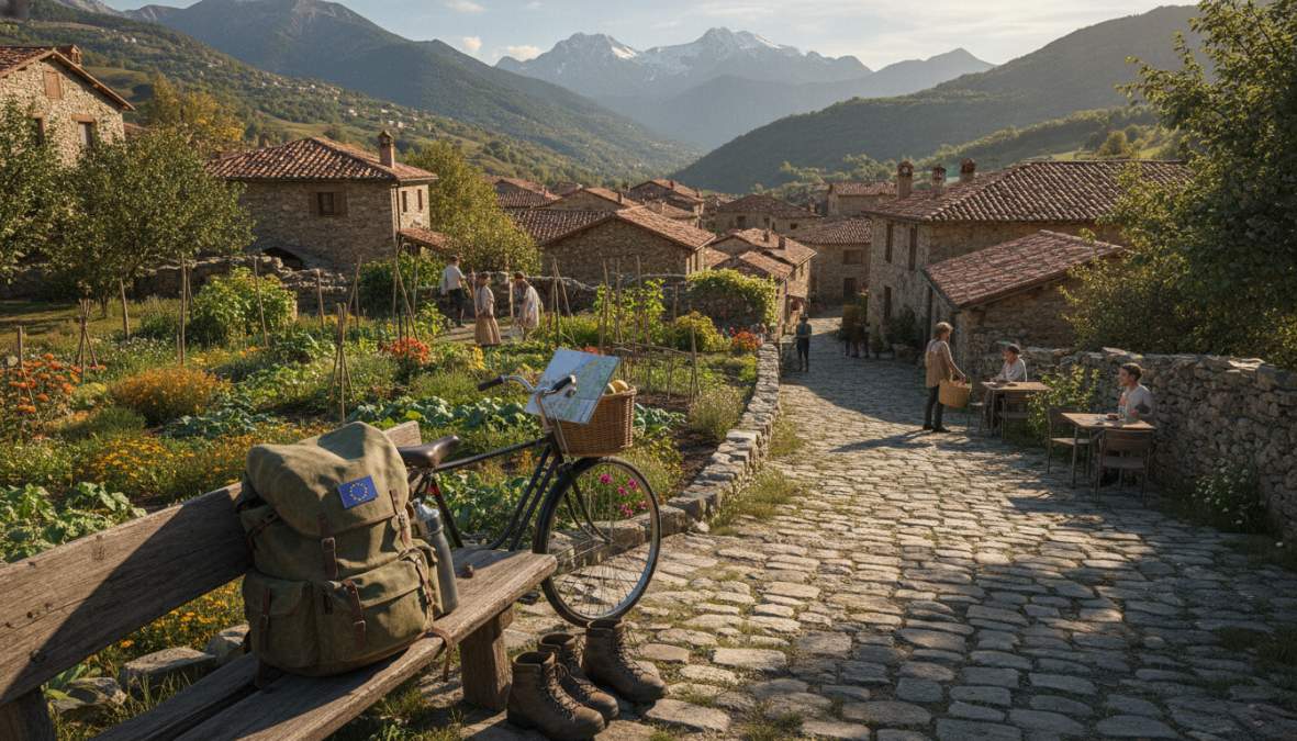Een reiziger fietst door een schilderachtig Europees dorpje met een rugzak op, omringd door groene velden en historische gebouwen in zacht middaglicht