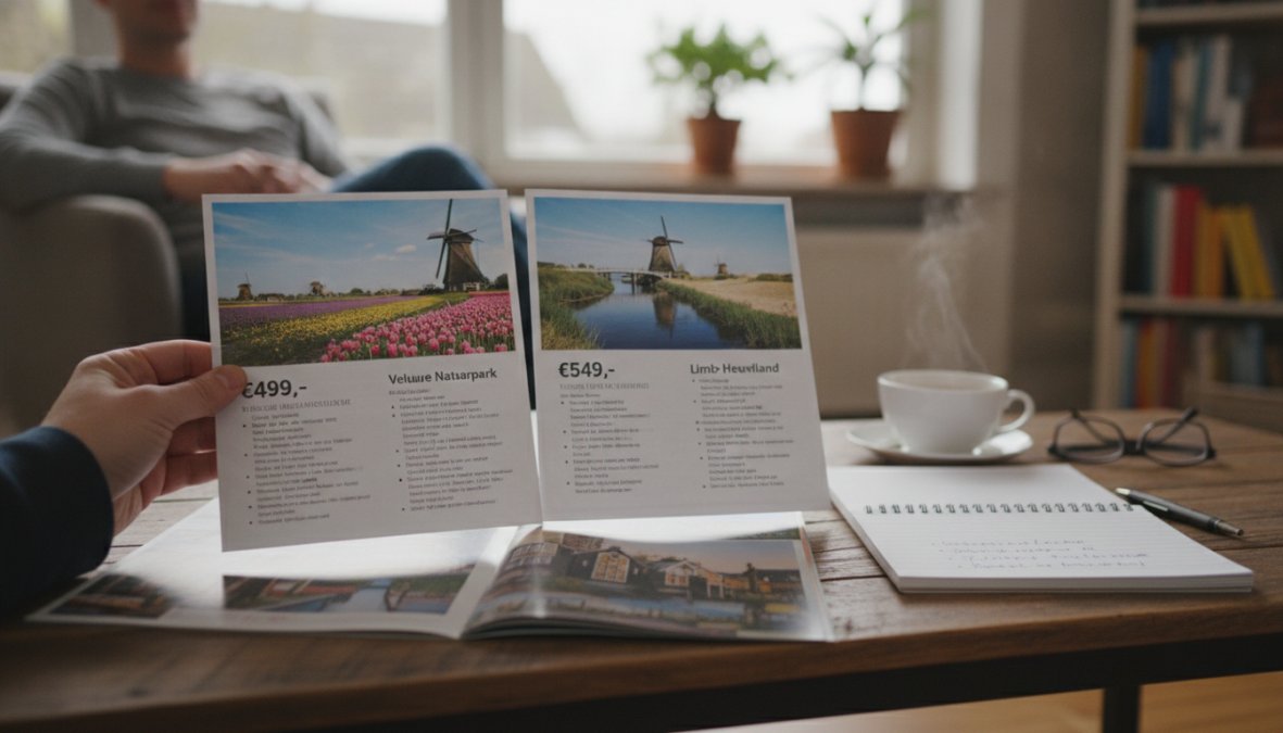Persoon vergelijkt reiswebsites op een laptop voor een complete vakantie online boeken nederland met reisnotities op tafel.