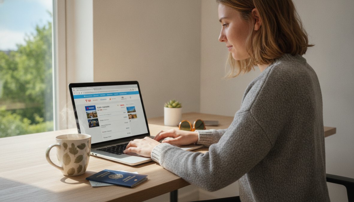 Een persoon die geconcentreerd achter een laptop zit aan een licht bureau, met een koffiekopje en paspoort naast het toetsenbord, terwijl hij reisaanbiedingen vergelijkt op het scherm