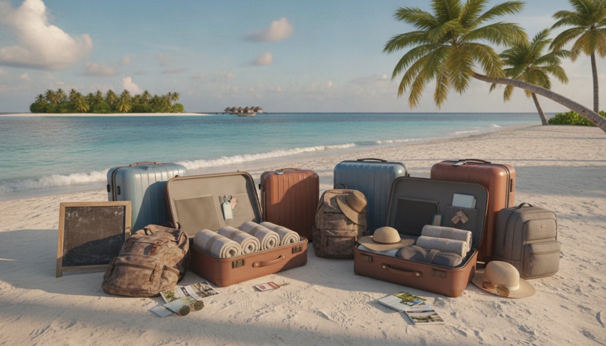 Een stralend lachend stel bij een tropisch resortzwembad, omgeven door palmbomen en blauwe lucht, met koffers naast hen en cocktails in de hand, die een all-inclusivevakantie vieren