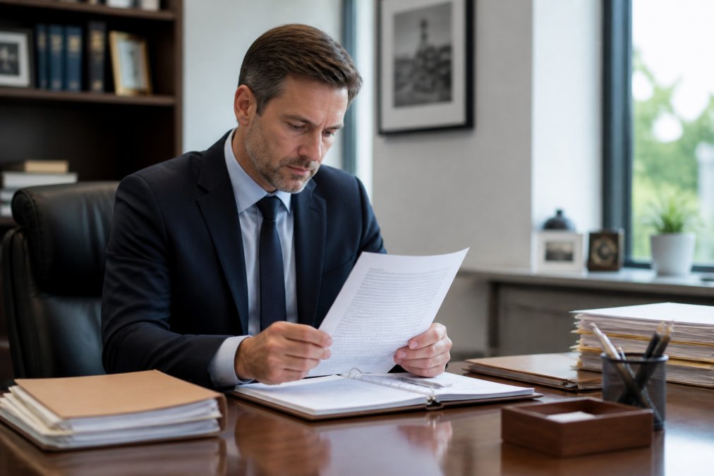 A person in professional attire reviewing legal documents at a desk with a laptop, appearing focused and organized in a bright office setting