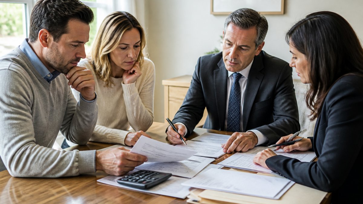 Professional couple meeting with real estate agent and family law attorney at wooden table, reviewing property documents, mortgage statements, and financial disclosure forms with natural window lighting