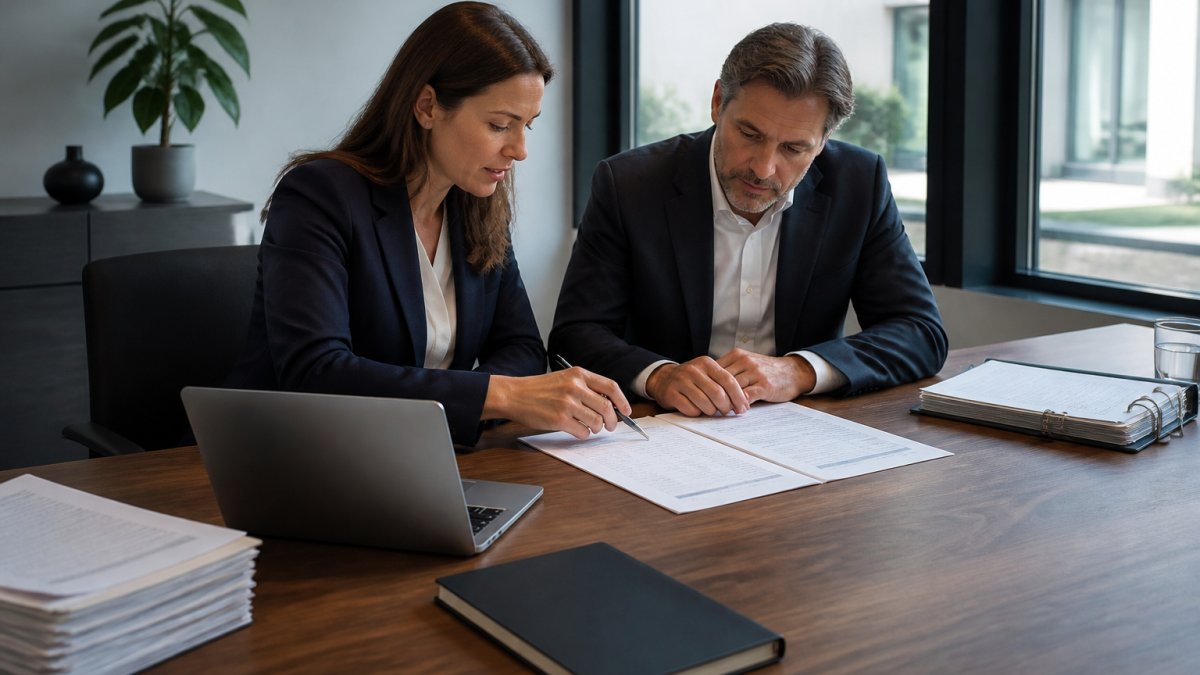 Geschäftsführerin und Berater sitzen an einem Konferenztisch und arbeiten gemeinsam eine ausgedruckte Checkliste durch, daneben ein Laptop mit Dokumenten, Tageslicht durch große Fenster