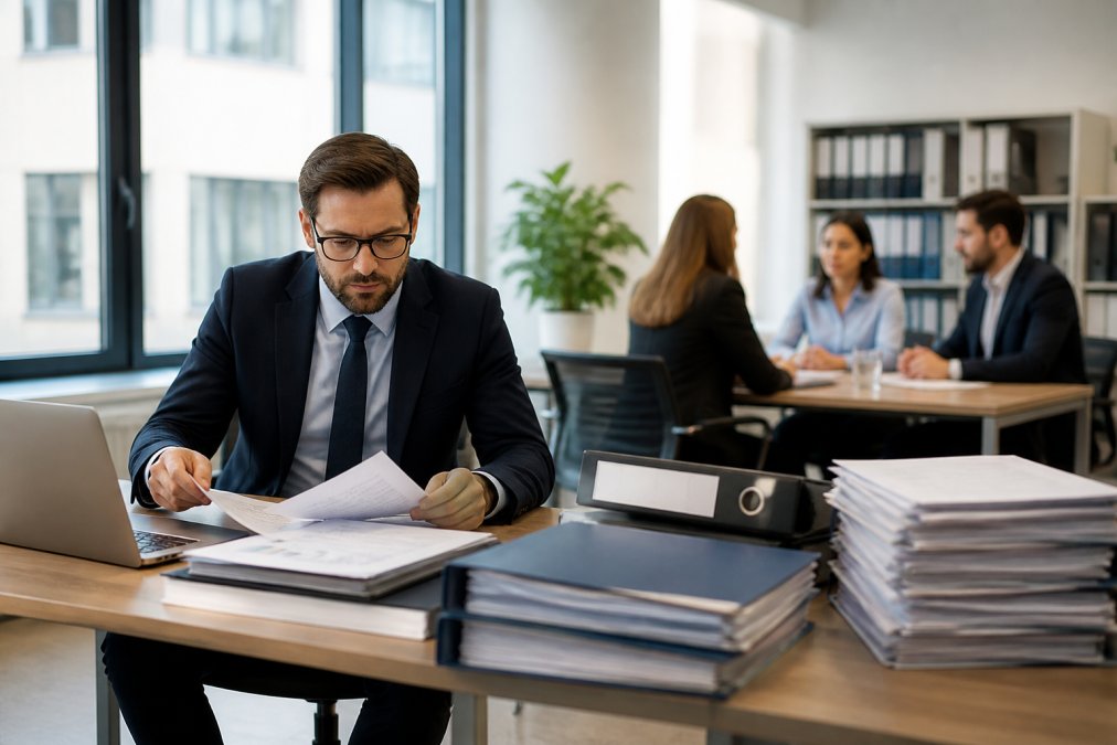 Compliance Officer sitzt an einem modernen Schreibtisch mit mehreren Dokumenten, Laptop und Ordnern, die Kontrolle und Dokumentation symbolisieren. Im Hintergrund arbeiten weitere Mitarbeiter zusammen an einem Tisch. Professionelle Büroumgebung mit natürlichem Licht.