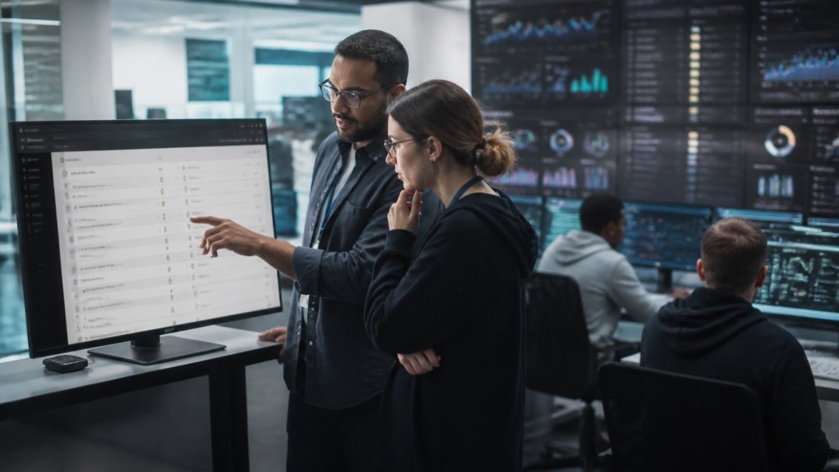 Security architect and AI engineer reviewing compliance frameworks for autonomous AI deployment on a dashboard.