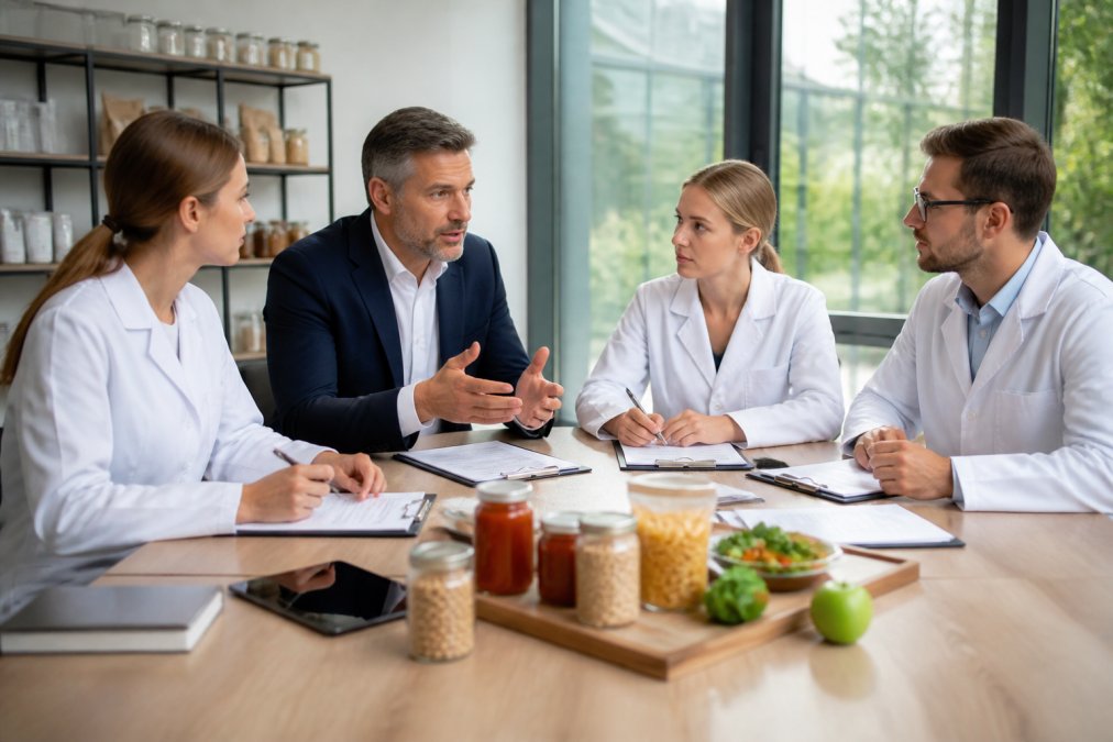 Geschäftsführung und QM-Team besprechen Compliance in der Lebensmittelindustrie anhand von Dokumenten im modernen Büro.