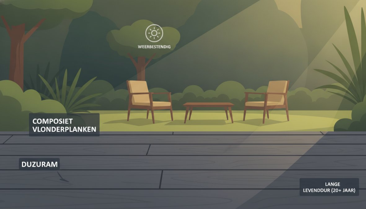 Close-up van een modern buitenterras met antracietkleurige composiet vlonderplanken met zichtbare houtnerf-textuur, tuinmeubelen op de achtergrond en groene beplanting in warm zonlicht