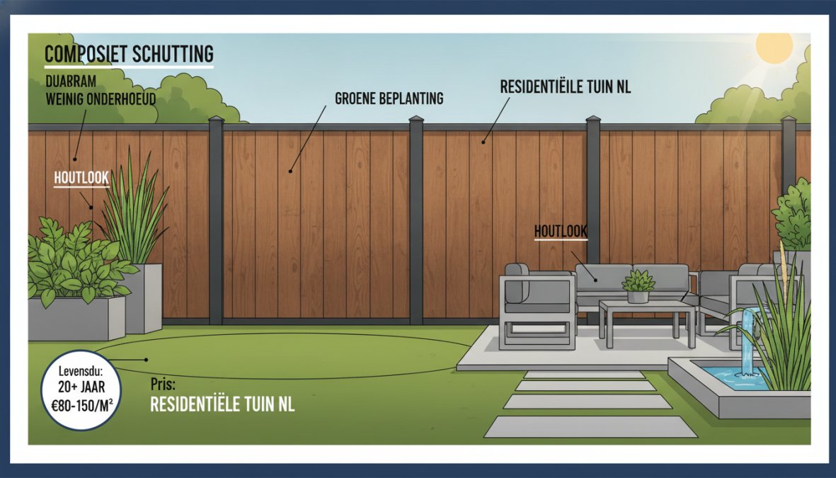 Netjes geplaatste composiet schutting in een Nederlandse achtertuin met natuurlijk houtlook-afwerking, groene klimplanten langs de panelen en een verzorgde tuin op de achtergrond in zacht daglicht
