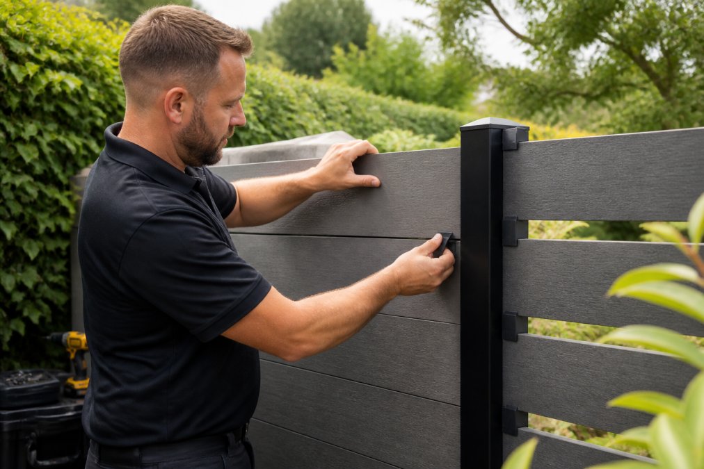 Professionele hoveniersmedewerker die composiet schuttingpanelen monteert met bevestigingsclips en aluminium palen in een groene tuinomgeving, natuurlijk daglicht
