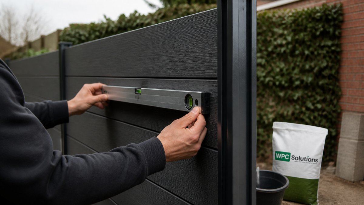Close-up van handen die een waterpas tegen een antraciet composiet schuttingpaneel houden tijdens montage in een tuin, met een aluminium tuinpaal en snelbeton op de achtergrond
