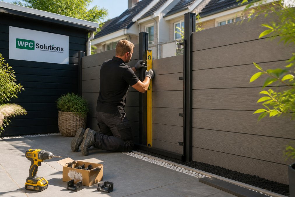 Doe-het-zelver die composiet schuttingplanken in aluminium palen installeert in een achtertuin, met gereedschap, waterpas en ophangbeugels zichtbaar op een zonnige dag