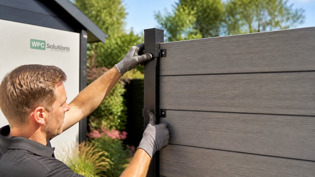 Iemand die een composiet schuttingpaneel aan een aluminium paal bevestigt met montagebeugels, werkhandschoenen aan, in een tuin op een zonnige dag