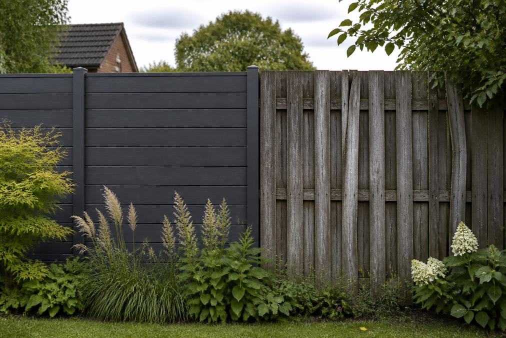 Twee tuinschuttingen naast elkaar in Nederlands tuinlandschap: links een moderne composiet schutting in antraciet met strakke lijnen en onberispelijke afwerking na jaren weer, rechts een verweerde houten schutting met grijze verkleuringen, barsten, en zichtbare vervormingen na enkele jaren onweer