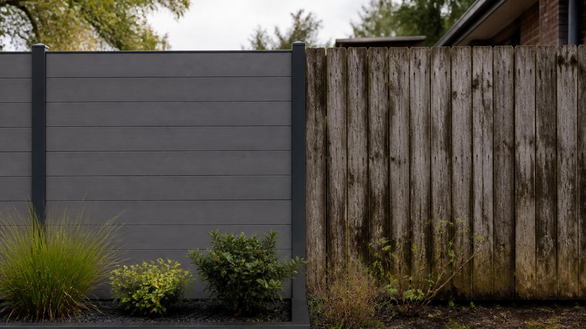 Twee schuttingen naast elkaar in een tuin: één grijze composiet schutting in perfecte staat met scherpe lijnen, één verweerde houten schutting met scheuren, splintering en donkere vlekken van schimmel en vocht