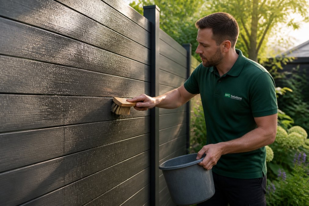 Close-up van iemand die met een zachte borstel en lauwwarm water een composiet schutting bevochtigt in een groene tuin met natuurlijk ochtendlicht