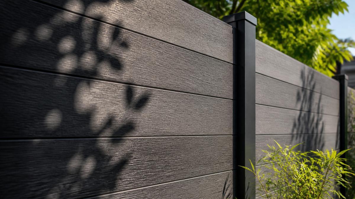 Close-up van een composiet schuttingplank met zichtbare houtnerfstructuur en diepe antracietkleur in natuurlijk zonlicht, met schaduwvlekken die het verschil tussen volle zon en beschaduwde delen tonen
