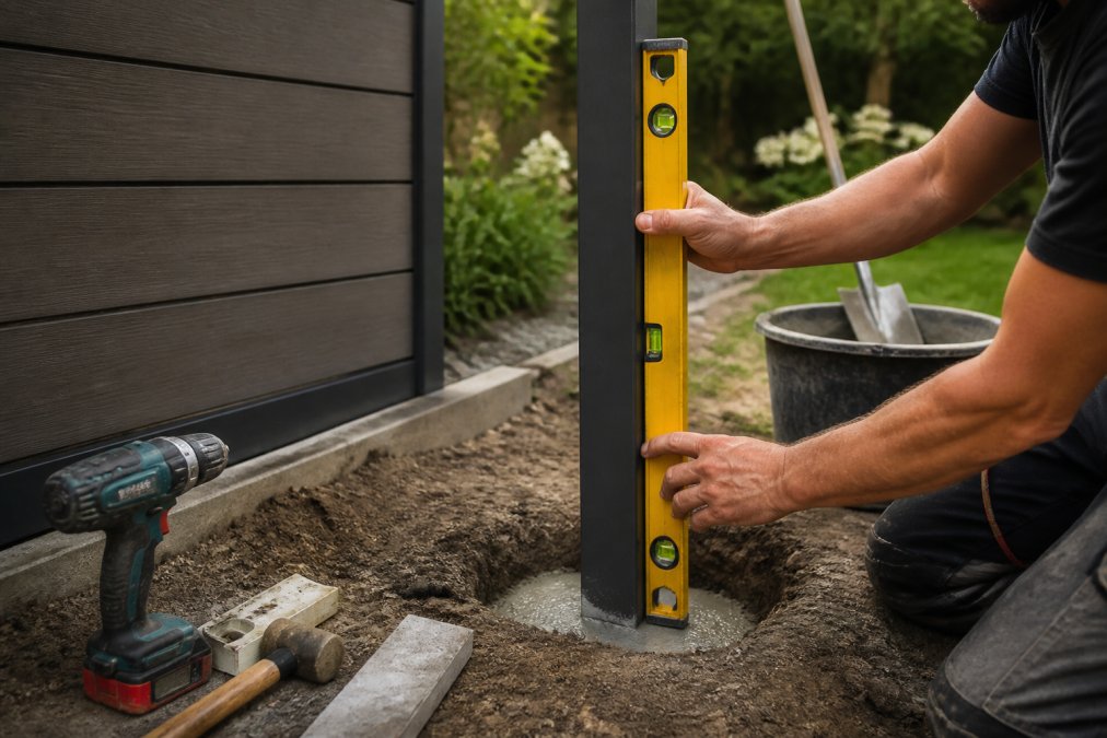 Close-up van iemand die een waterpas tegen een composiet schuttingpaal houdt in een betonvoet, gereedschap en een emmer snelbeton op de achtergrond in een tuin bij daglicht