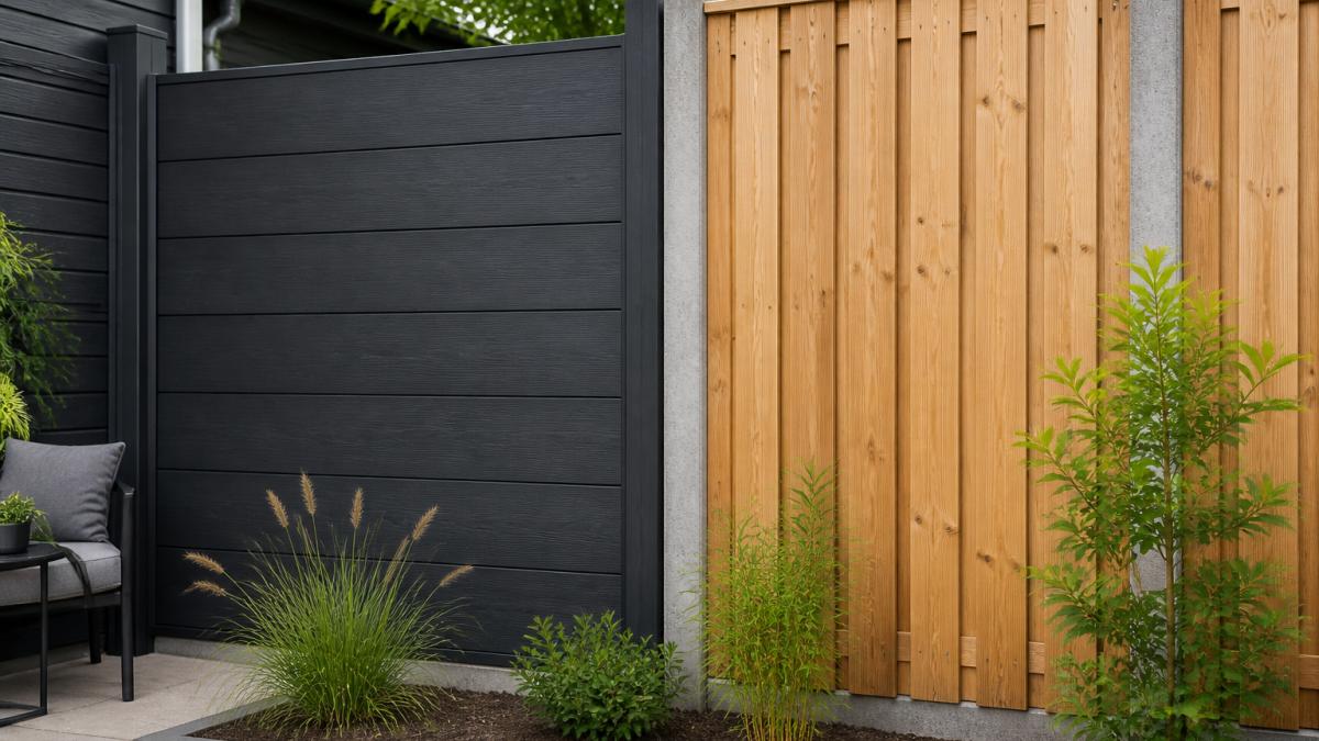 Antracietkleurige composieten schutting naast een traditionele houten schutting in een tuin.