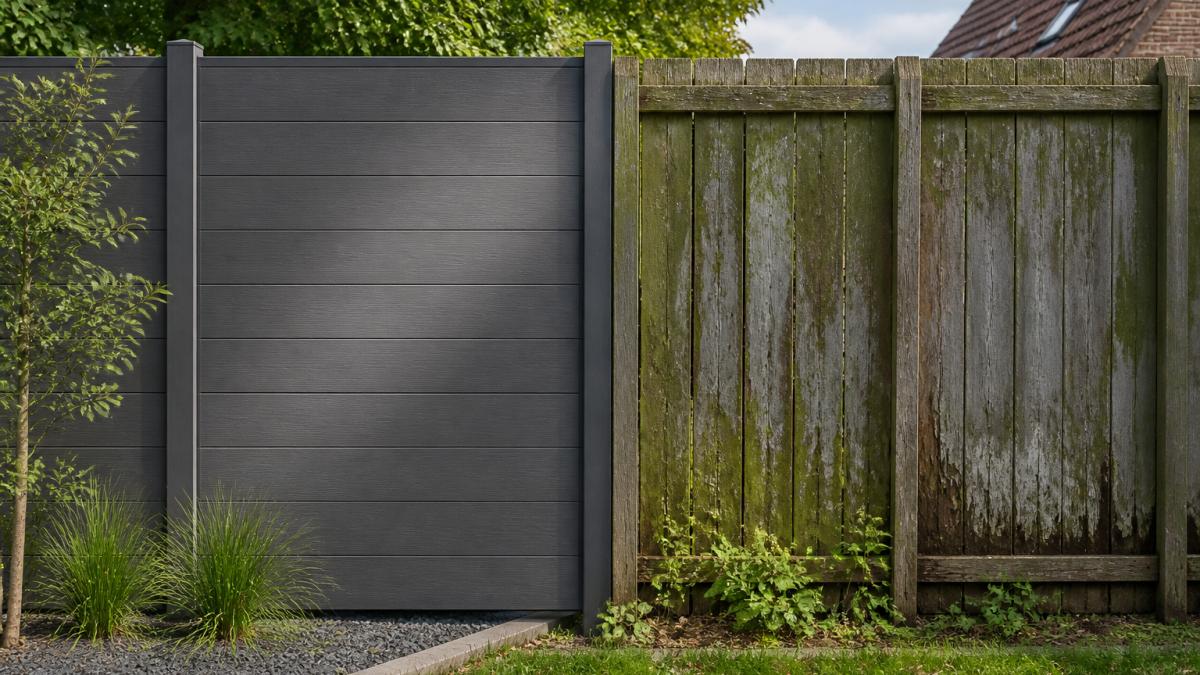 Twee tuinschuttingen naast elkaar in Nederlands landschap: links een moderne composiet schutting met strakke grijze lijnen en glanzend oppervlak, rechts een oudere houten schutting met zichtbare scheuren, grijsgroene verkleuring en afbladderende verf