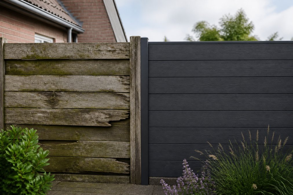 Verweerde houten schutting naast een antraciet composiet schutting voor een vergelijking van de schutting levensduur.