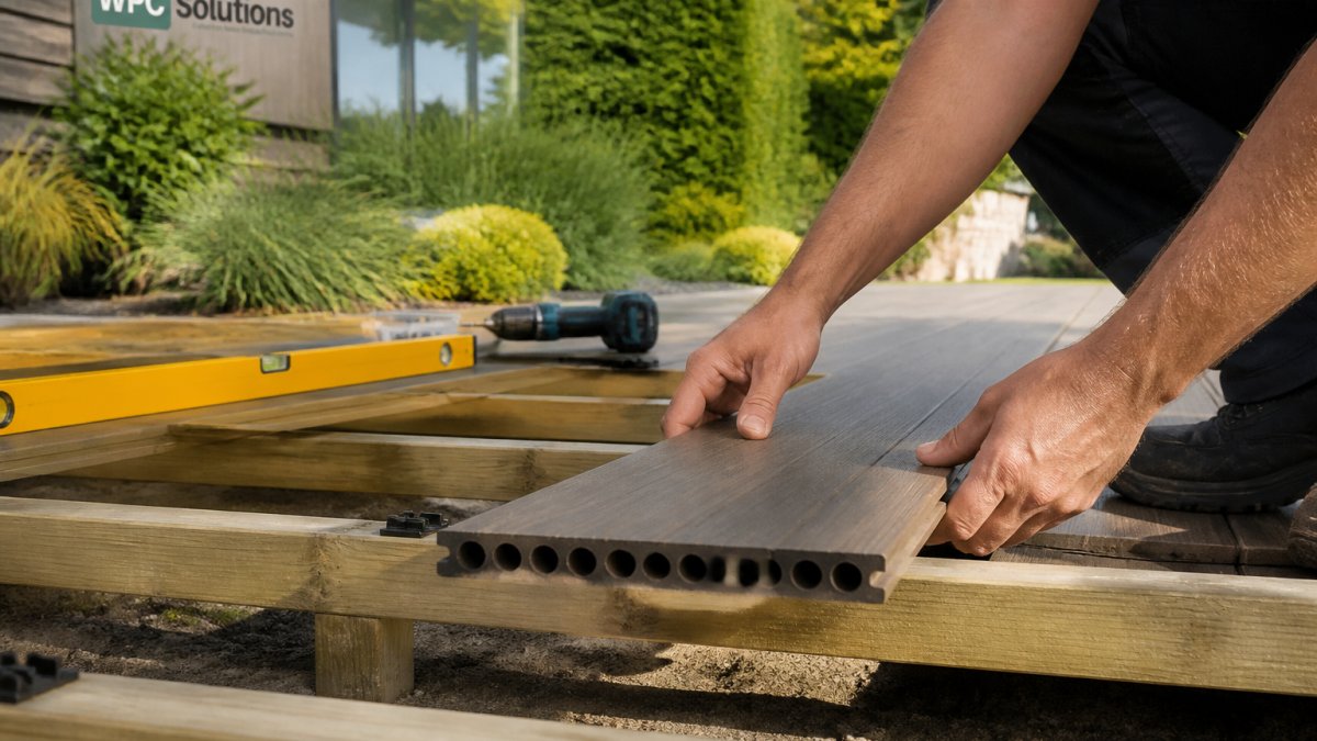 Close-up van handen die een composiet vlonderplank met ronde kamers op een houten onderconstructie in een tuin plaatsen, met gereedschap en een waterpas in beeld