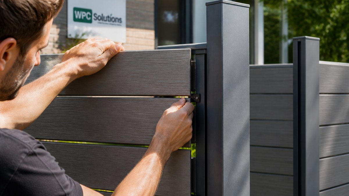 Vakman monteert composiet planken in een aluminium frame met clips