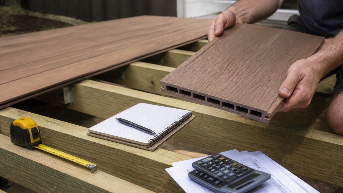 A builder's hands holding a sample of composite decking board against a partially installed deck frame, with a measuring tape and notebook resting on the timber subframe