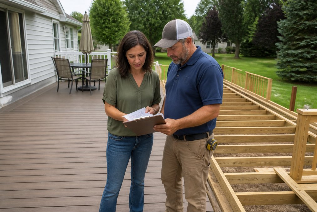 A homeowner and a contractor standing on a newly built composite deck, looking at a clipboard with cost estimates, with a partially built wood deck visible in the background