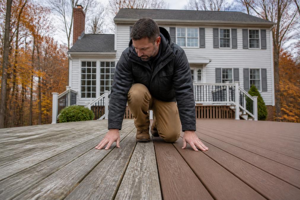 A contractor in a work jacket kneeling between two deck surfaces, one side showing gray weathered pressure-treated pine boards and the other showing a smooth brown capped composite board, with a two-story New Jersey colonial home and bare autumn trees behind him