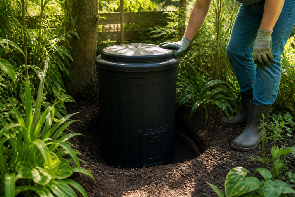 Close-up of a pet waste digester installed in a garden corner, cylindrical chamber partially buried in soil with a dog owner in gardening gloves standing beside it, morning sunlight filtering through garden foliage
