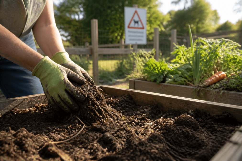 A person in gardening gloves handling compost material near a raised garden bed with vegetables visible, warning signage visible in soft focus in the background, afternoon sunlight across the garden