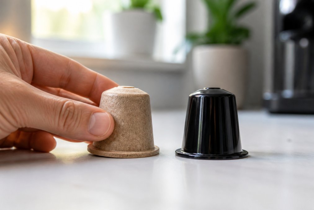A hand holding a plant-based compostable coffee pod next to a shiny plastic pod on a white kitchen counter, soft morning light through a window