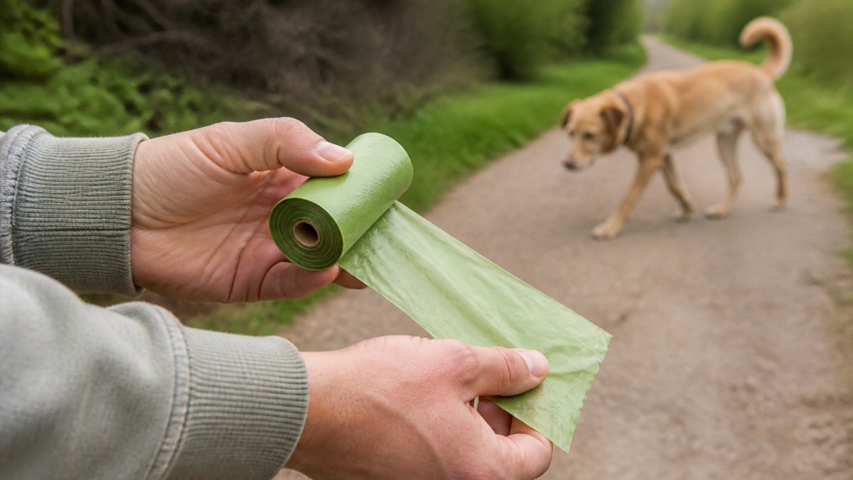 Close-up of hands holding a roll of compostable dog waste bags against a natural outdoor background, with a dog walking in the distance, showing the bag's thickness and quality